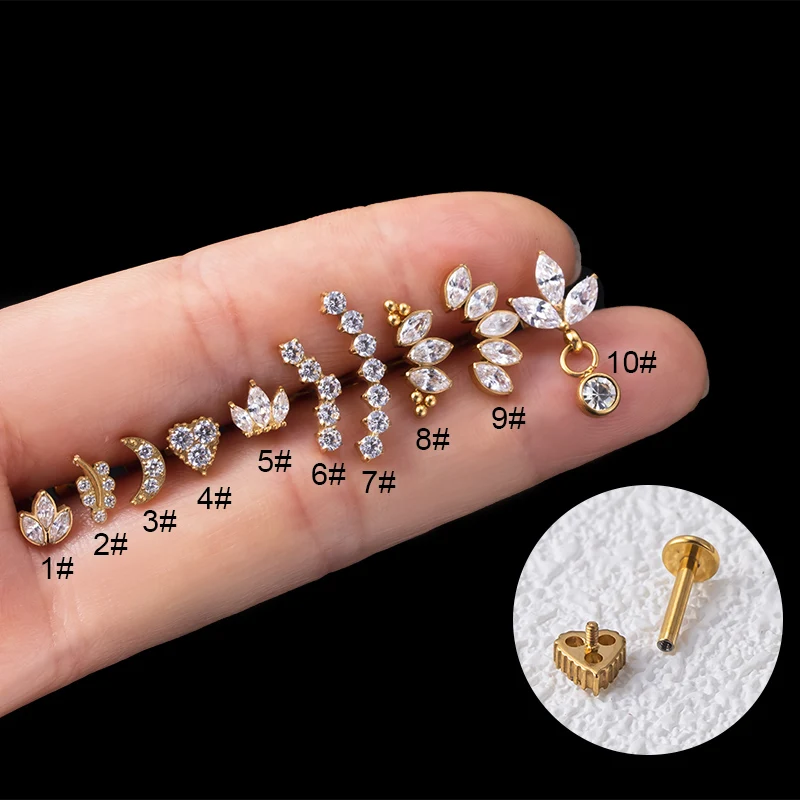 

G23 Titanium Earrings Various Shape Cubic Zircon Jewelry Piercing Gold Cartilage Earring Flat Back Earrings Lip Ring