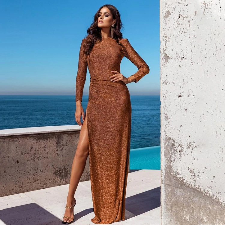 

female elegant casual padded shoulder backless shinny brown slit long sleeve fall new fashion womens maxi dresses