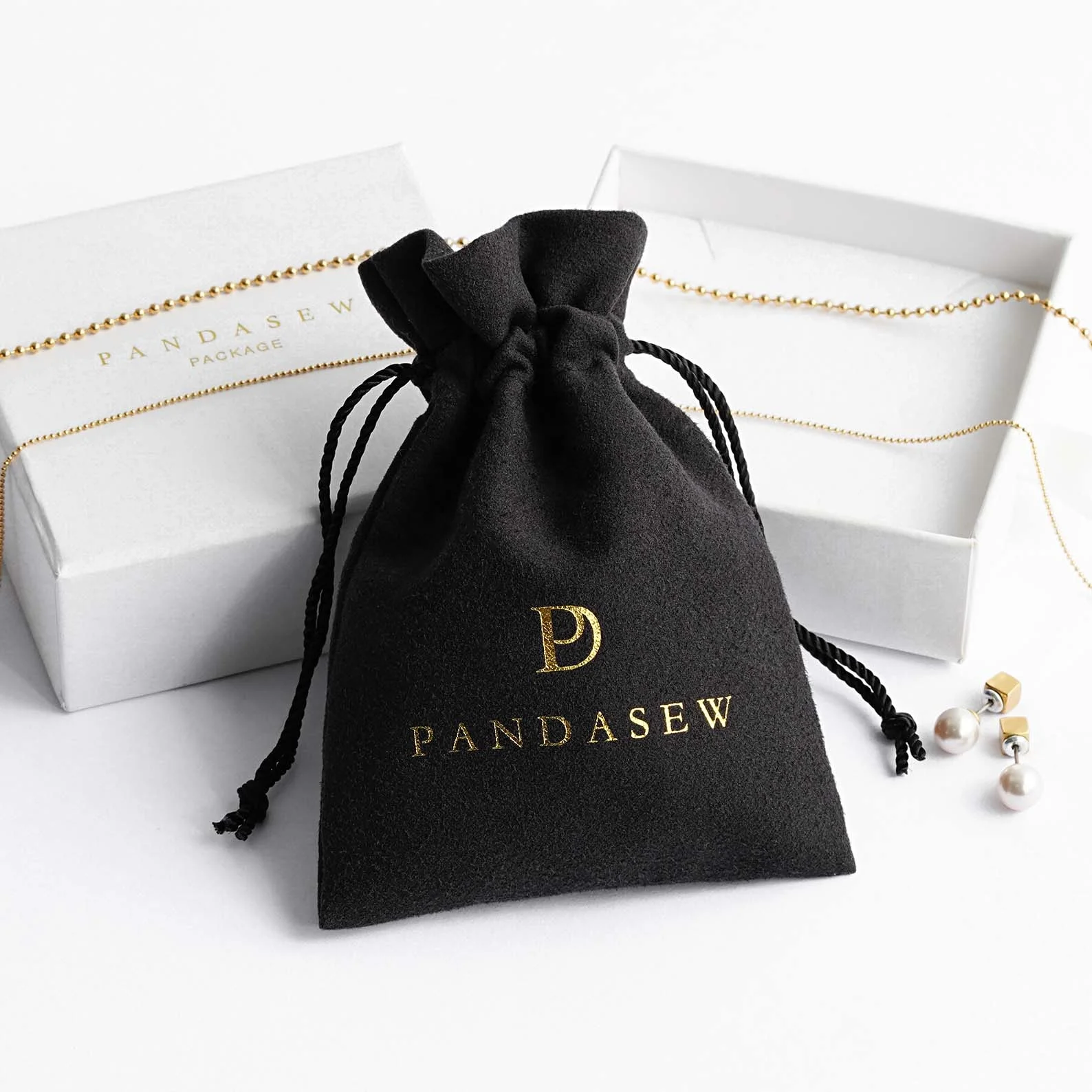 

PandaSew Custom Logo Luxury Black Suede Velvet Package Drawstring Jewelry Pouch Bag, Customized color