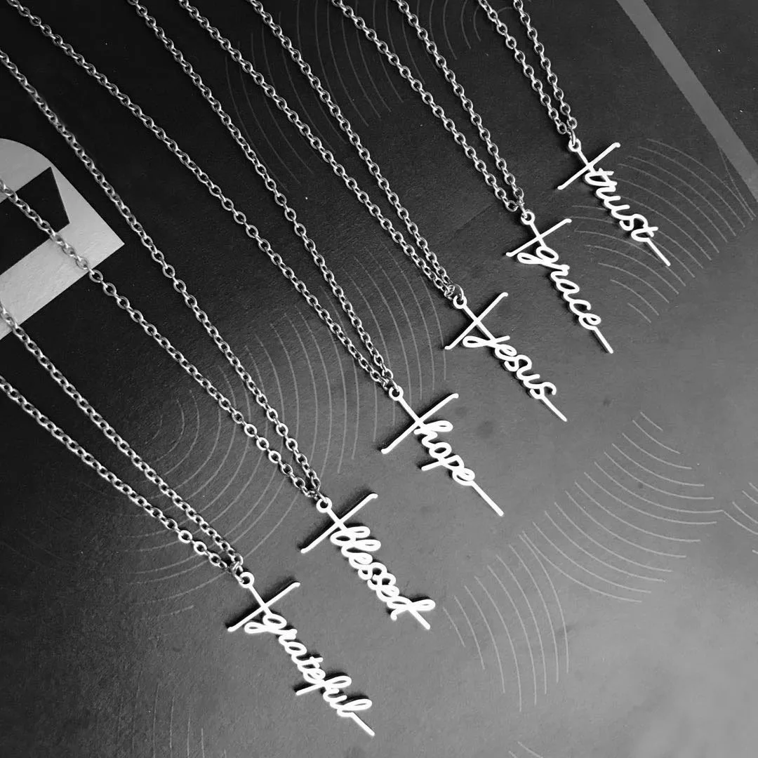 

Hip-hop Inspirational Phrase Stainless Steel Necklace Cross Faith Blessed Letters Clavicle Silver Pendant Necklace