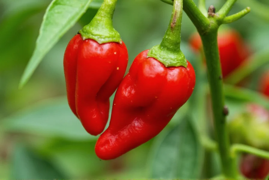 Close-up view of mature red Moruga Scorpion peppers growing on plant in tropical environment with visible bumpy texture and characteristic tail shape