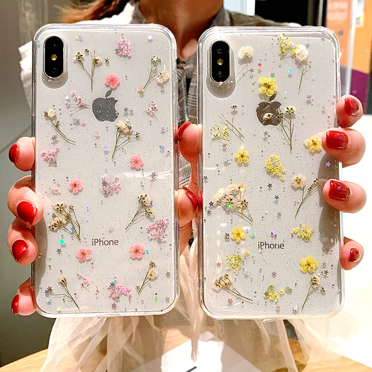 

eco friendly recycled transparent acrylic pretty dried flower glitter star sequin floral print girly phone case for iphone x max, 2 colors