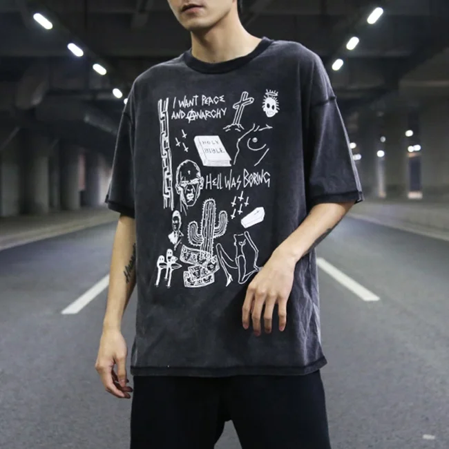 Custom fog summer graffiti printed cotton washed t shirt men loose vintage faded teen short sleeve couple streetwear black stock
