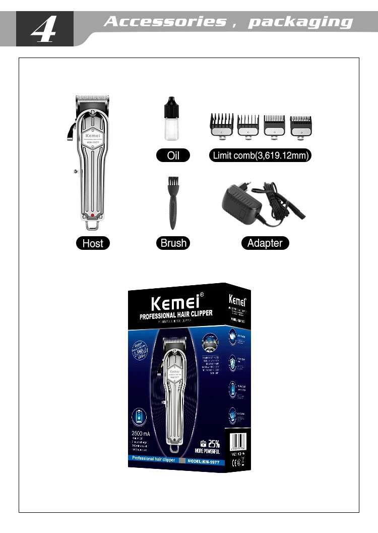 KEMEI KM-1977 Hair Trimmer Rechargeable Hair clipper Aluminum Alloy Blade Hair Scissor Beard Razor Barber Cutter Machine