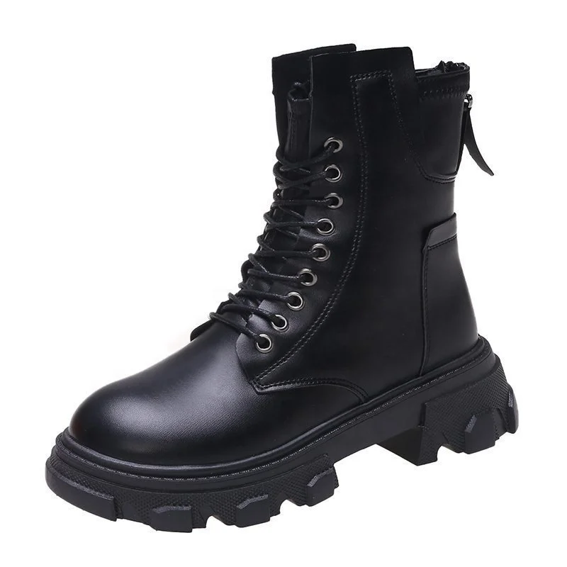 

British Style Anti-Skid Boots Women'S New Thick Sole Short Boots Round Head Black Knight Boots
