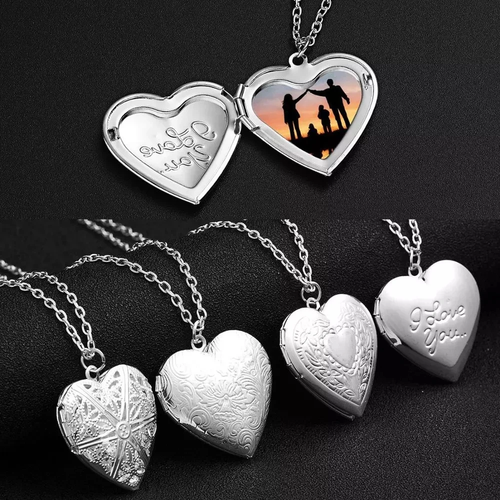 

Love Heart Locket Pendants for Women Men Openable Photo Frame Glossy Family Pet Picture Necklace Family Love Gift, Gold, silver