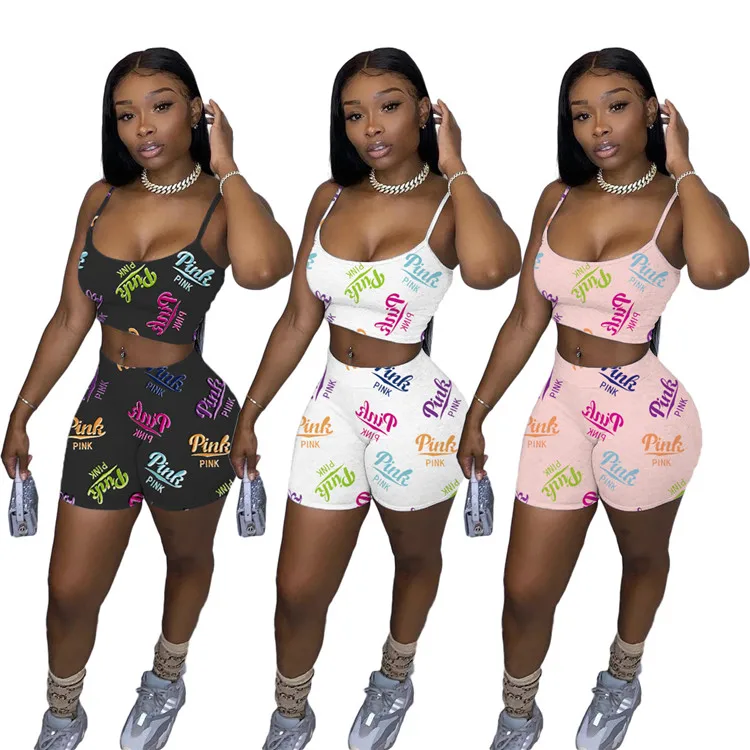 

Fashion pink letter printed clothes women slim tank top biker shorts suit