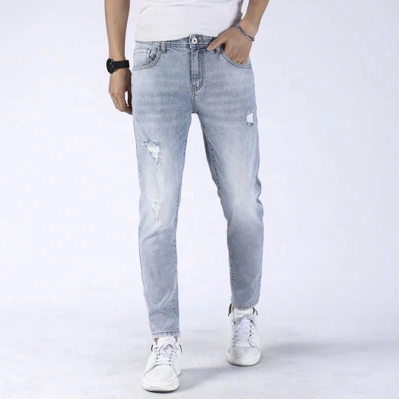 

Men's Slim Holes Fashion Jeans Ripped Denim Washed High Quality Trousers, Light blue/gray