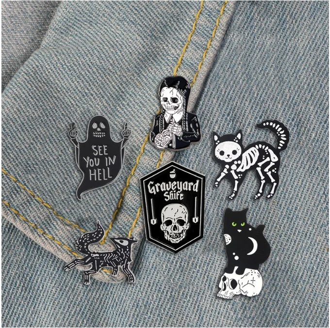 Punk Style Dark Series Skeleton Denim Enamel Pins See You In Hell Badges Brooches Funny Cartoon