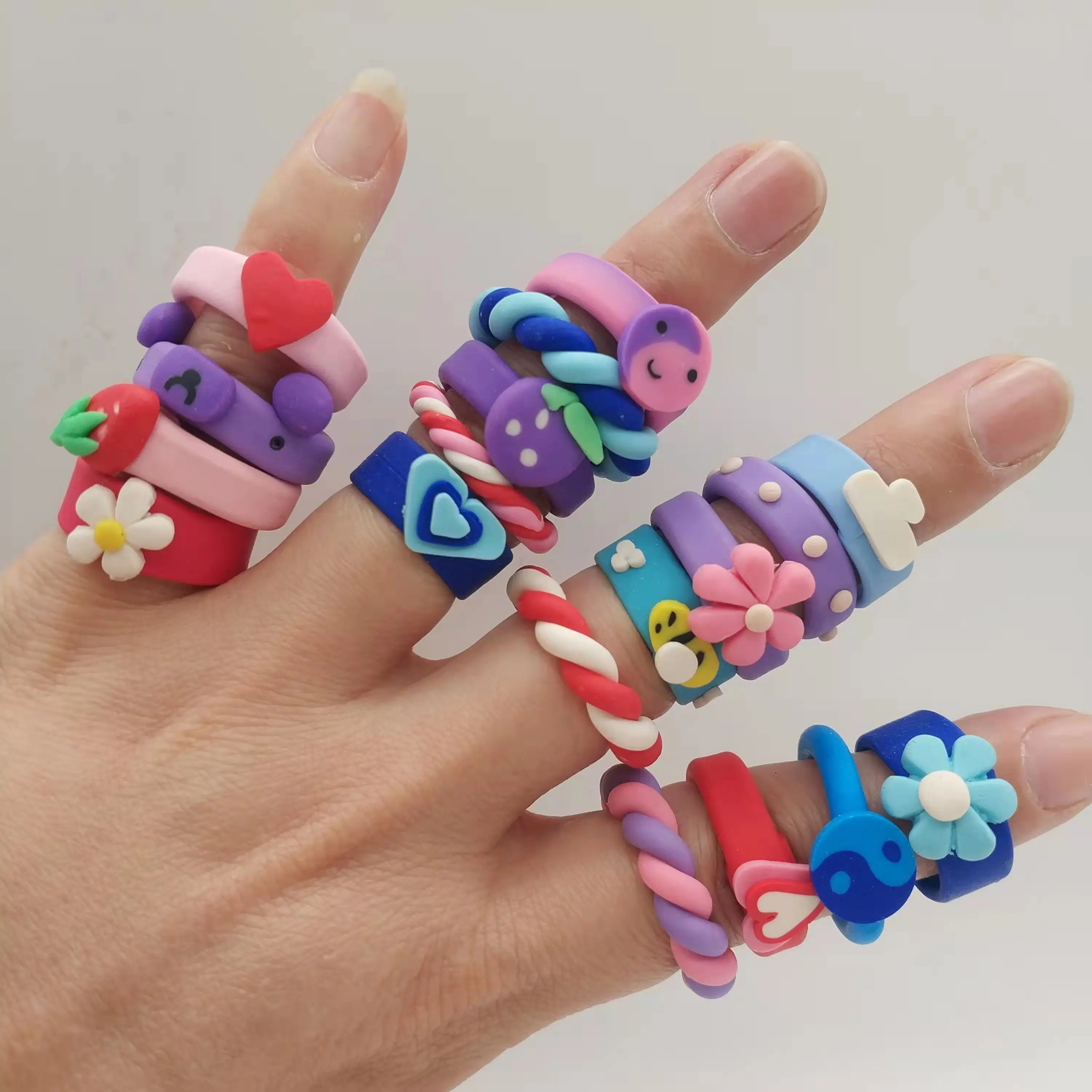 

Ins Fashion Cute Flower Smile Face Clay Ring Funny Creative Fruit Twist Polymer Colorful Clay Finger Rings for Girls Jewelry