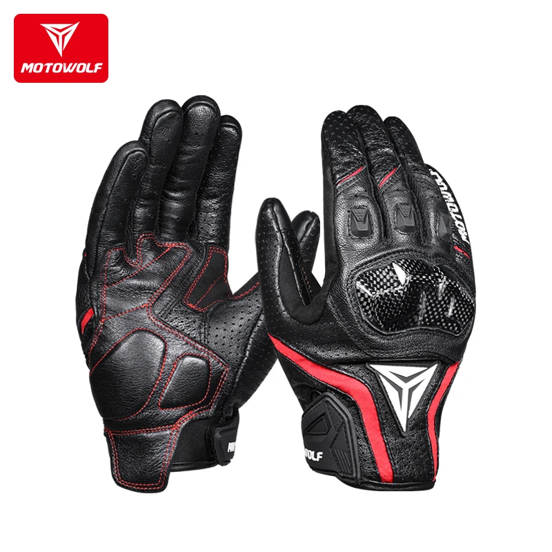 

MOTOWOLF Leather Motorcycle Breathable Sport Riding Gloves Touchscreen Men Motorbike Gloves, Black/white/red