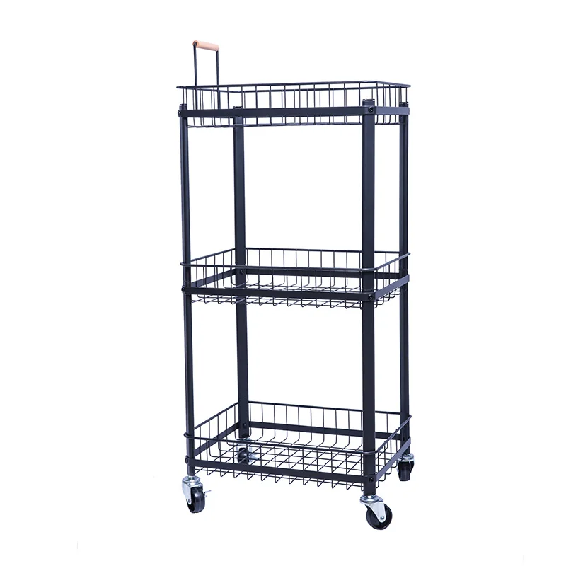 

High quality 4 tier kitchen cart wrought iron folding metal basketsblack rolling wheel rack Laundry trolley shelf