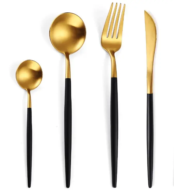 

Elegant gold cutlery,matte gold/black handle PVD stainless steel cutlery set,18/10 gold wedding stainless steel flatware set, Rainbow/customize