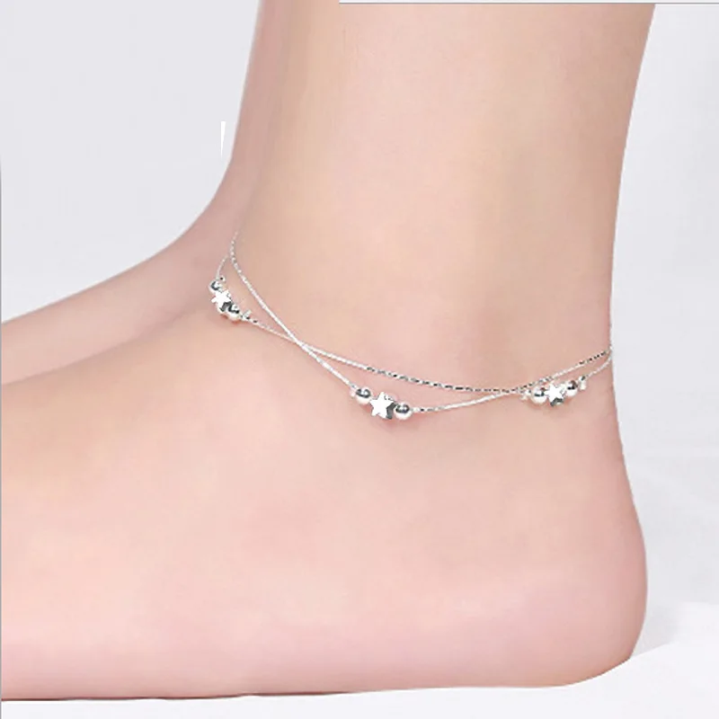 

Two Layered 925 Silver Plated Bracelet Anklet Chains with Stars Beads Bohemian Anklet Woman Jewelry, Sliver