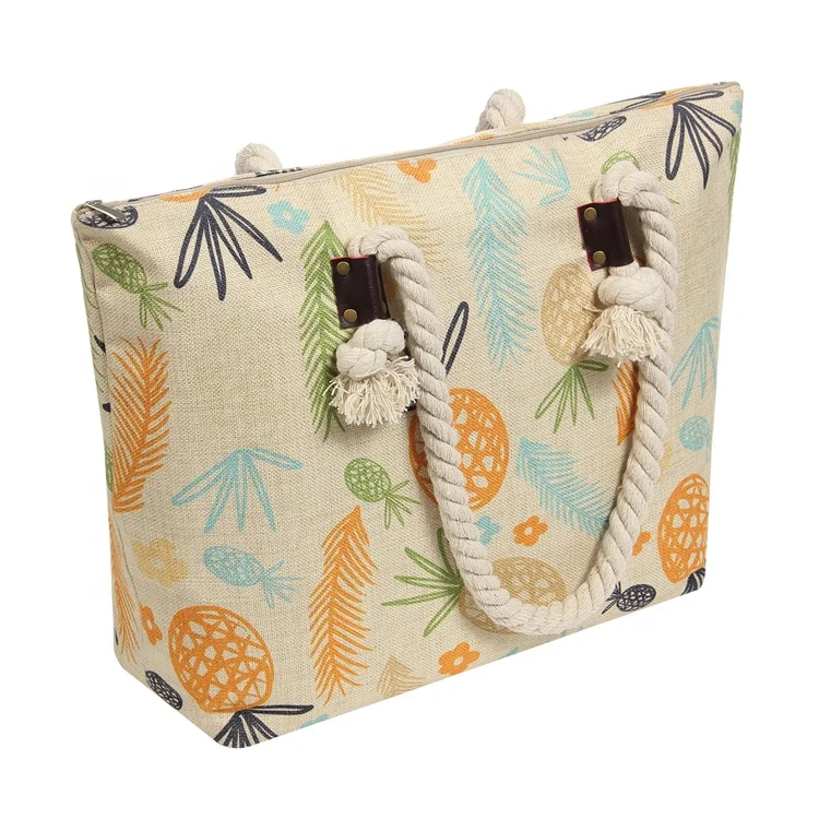 
Custom pattern polyester tote beach bag with cotton rope 