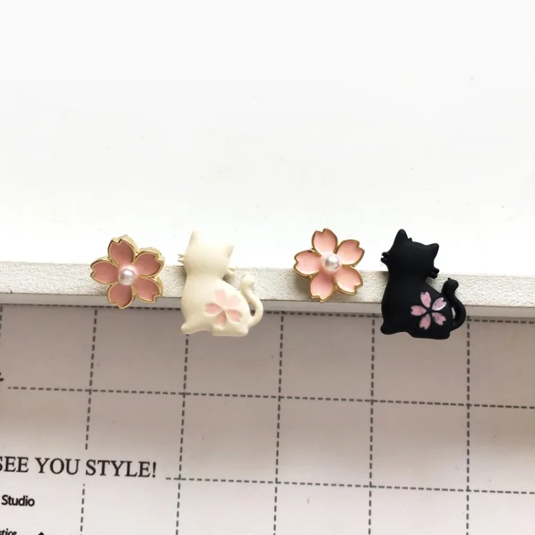 

Enamel Pink Cherry Blossom Cute Animal Cat Flower 925 Silver Stud earrings Pearl Jewelry for Women, As the picture