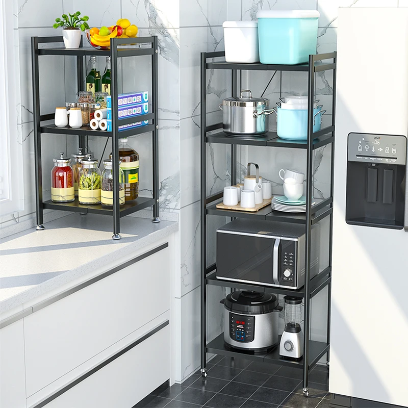 

Storage load bearing 2-5 tiers carbon steel iron storage shelf for kitchen corner stand microwave oven rack, Black