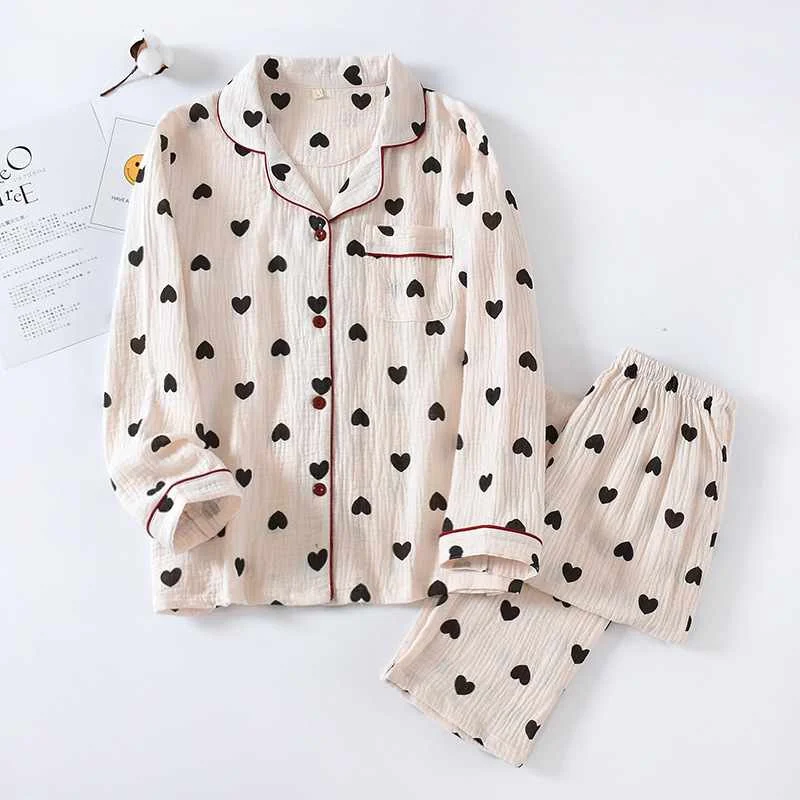 

Japanese New Style Ladies Spring And Autumn 100% Pure Cotton Ladies sleepwear Long-sleeved Lapel Loose-hearted Home Service Suit, Love cloth set