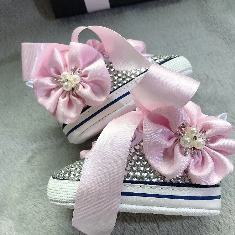 

Custom Side Pink Flower Baby Girls Prewalker Shoes Toddler Sport Rhinestone Shoes Canvas Sneaker