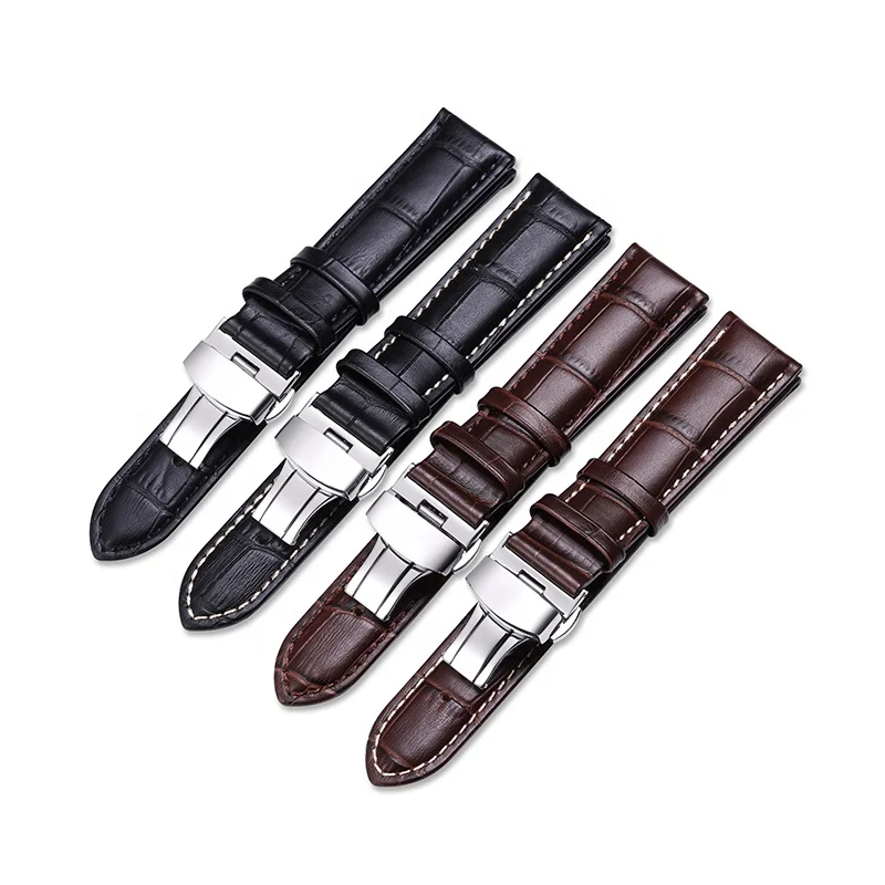 

Stainless Steel Silver Deployment Clasp Calf Leather Watch Band Strap, Black & brown