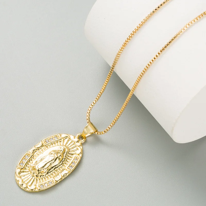 

18K Gold Plated Copper Zircon Diamond Miraculous Pendant Necklace Christian Catholic Virgin Mary Mother Necklace