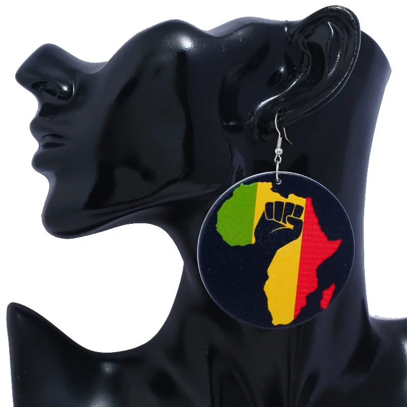 

2020 Women Gift African Printed Wooden Power Fist Earrings Afro History Figure Names Wood Earring For Black