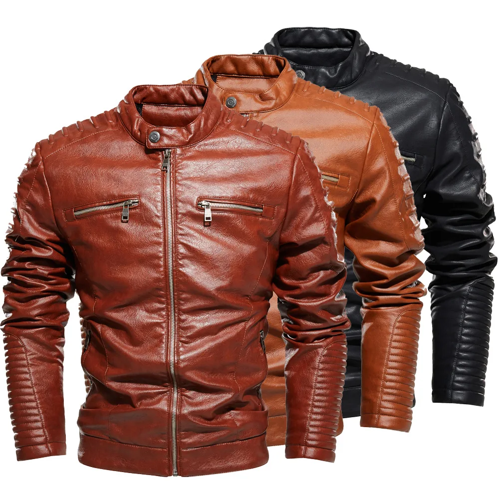 

Newest Wholesale Premium Windproof Leather Jackets Cow Skin Men's Clothing Leather Jacket Pure Color For Men Jacket, Black/red
