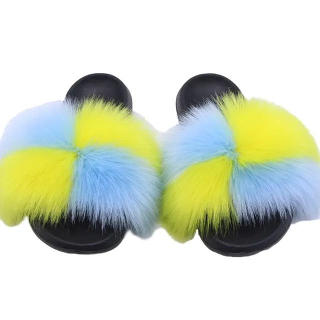 

High quality pvc whole sale Fur slides in wholesale fox fur slides faux fur slides, Pink white black yellow gray green blue purple red or custom color