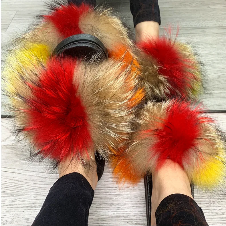

Private Label The New Foreign Trade Fox Fur Flat Flip Flops Furry Slippers Korean Version External Wear Home Flip Flop, 32 colors