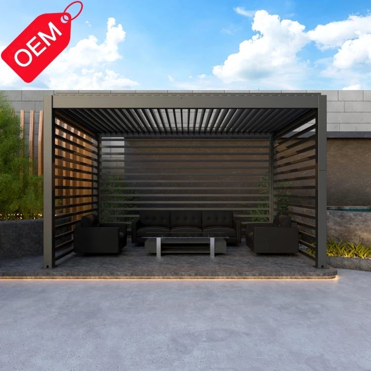 

Customized Pavilion Louvered Pergola Cover Electric Outdoor Waterproof Aluminium Gazebo with aluminum fence