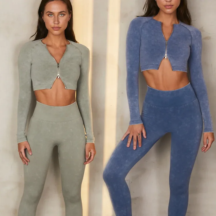 

Seamless Knitted Yoga Set Women's Double Zipper Long Sleeve Tops Fitness Leggings Yoga Two-piece Set