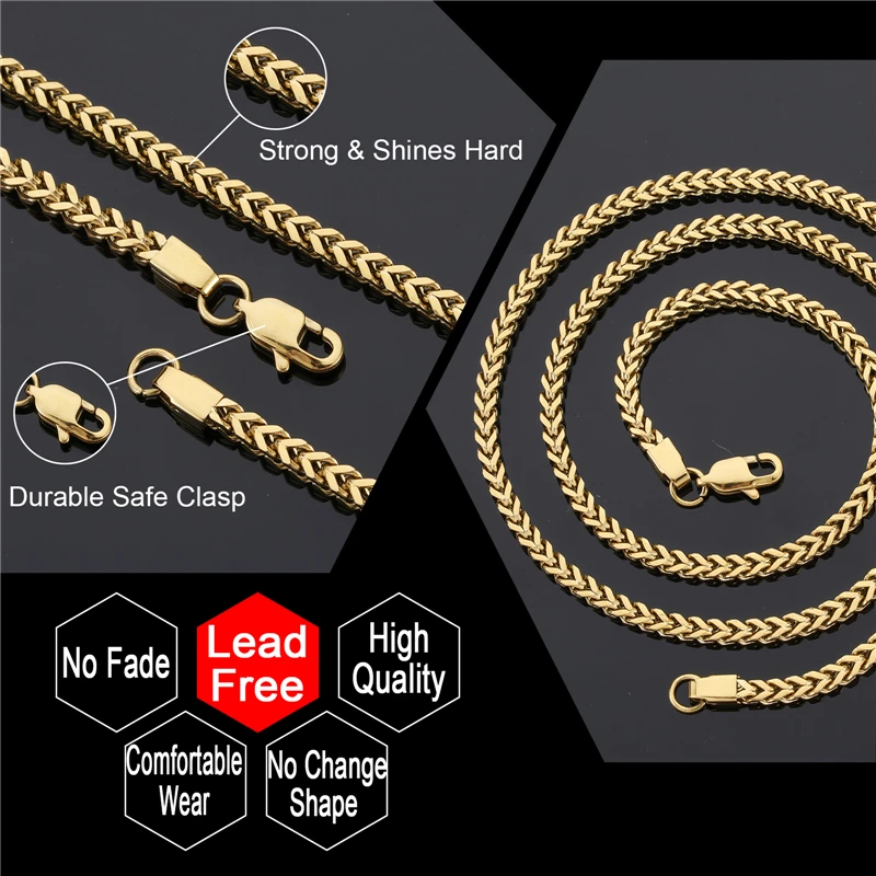 

18k Real Gold PVD Plated Stainless Steel Jewelry Non-Tarnish Waterproof Necklace Hip Hop Plain 3mm Franco Chain for Men Women