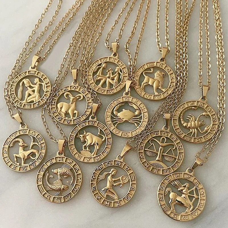 

Hip Hops Horoscope Necklace Round Twelve Zodiac Sign Astrology Necklace For Gift, As pic