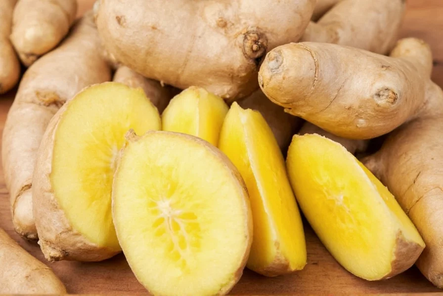 Fresh ginger root with peeled sections showing fibrous interior and close-up of ginger slices in various preparations
