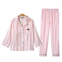 

Personalized Pink And White Striped Long Sleeves Sleeping Wear Two Piece Silk Pajamas For Children