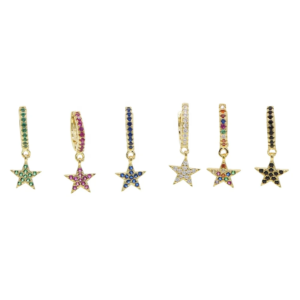 

2021 christmas gift micro pave cz gold plated colorful stone dangle star earring, Picture