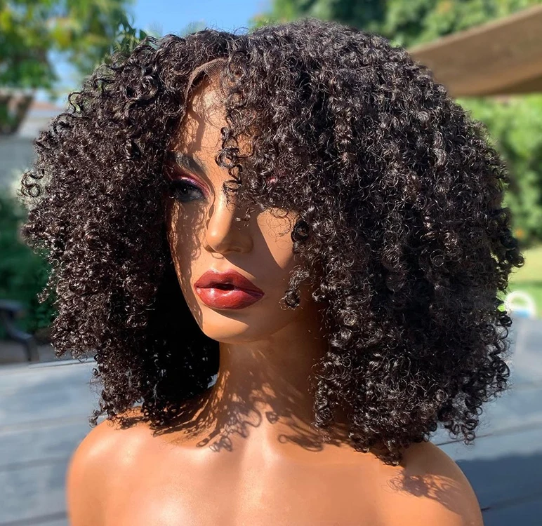 Afro Kinky CoilyCurly Bob Wigs Short Full Lace Frontal Wig With Bangs Glueless Brazilian Virgin Human Hair Curly Wig