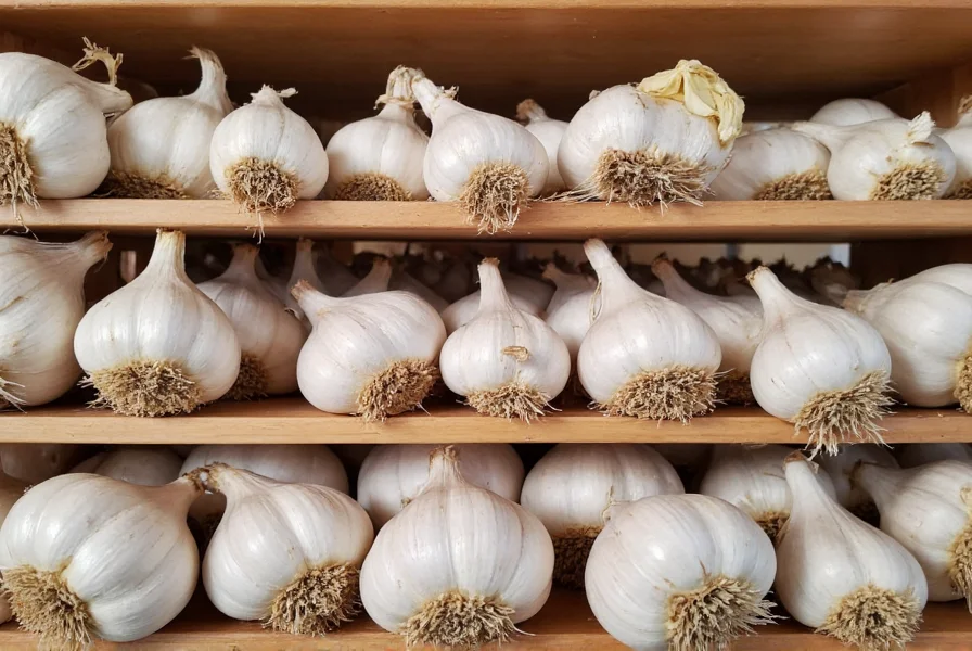 Garlic bulbs curing on wooden rack with proper spacing for air circulation