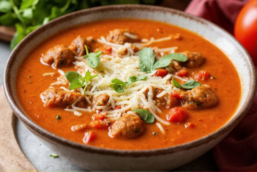 Bowl of easy stuffed pepper soup recipe served with cheese topping and fresh herbs