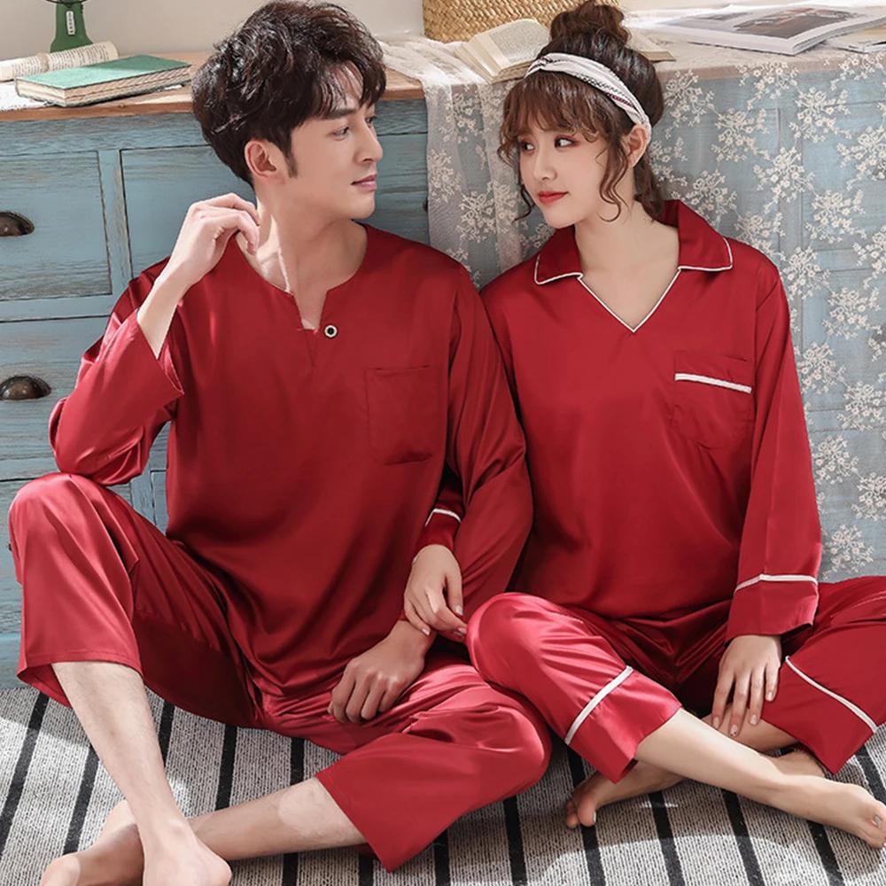 

Couple Pajamas Set New Thin Sleepwear Silk pajama set Long Sleeve pijamas women hombre Casual Loose men pajamas Homewear, Black red gray green