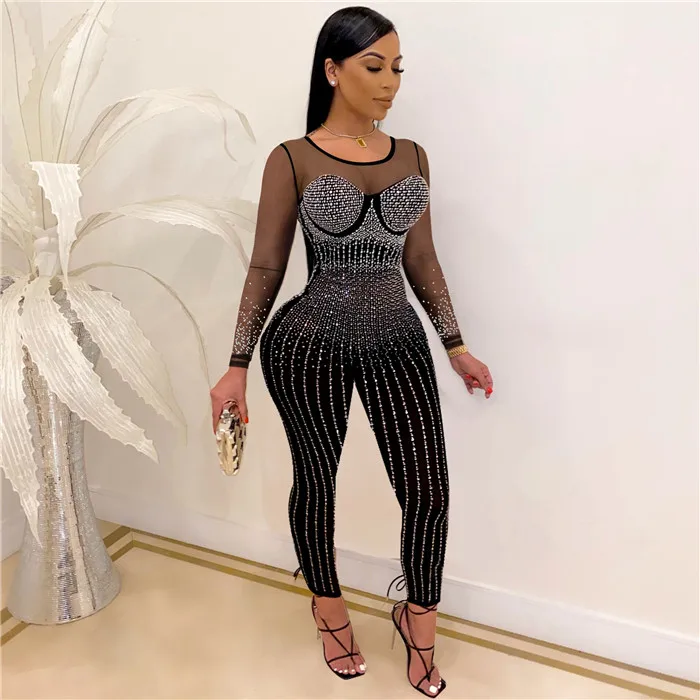 

W8978-night club wear fashion ladies rhinestone jumpsuit women long sleeve jumpsuit for women, Picture shown