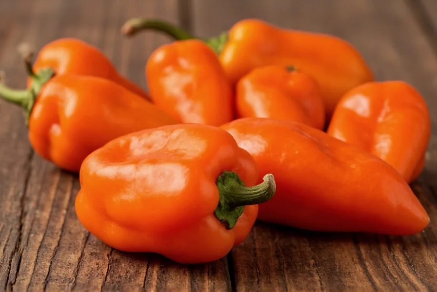Close-up view of aji dulce peppers showing their characteristic lantern shape and vibrant orange color against a rustic wooden background