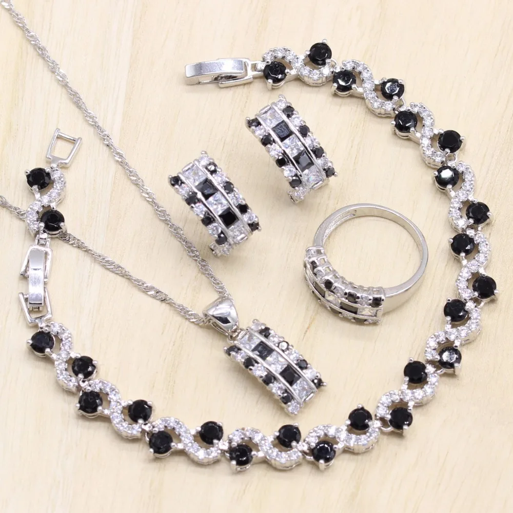 

Dubai Silver Jewelry Sets Women Black White Stones Bracelet Hoop Earrings Pendant Necklace Ring Gift