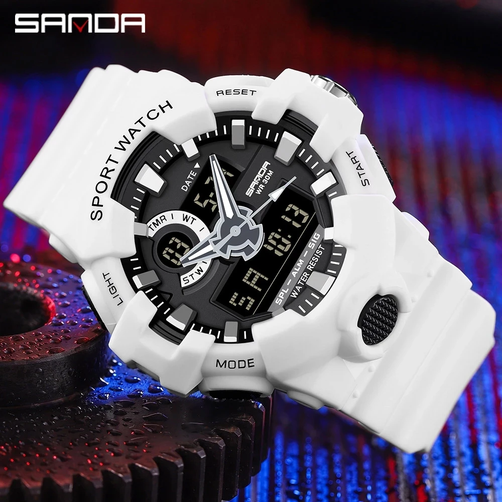 

SANDA G style white Sports Men's Watches Military Quartz Watch Men Multifunction Waterproof S Shock LED Digital Wristwatches