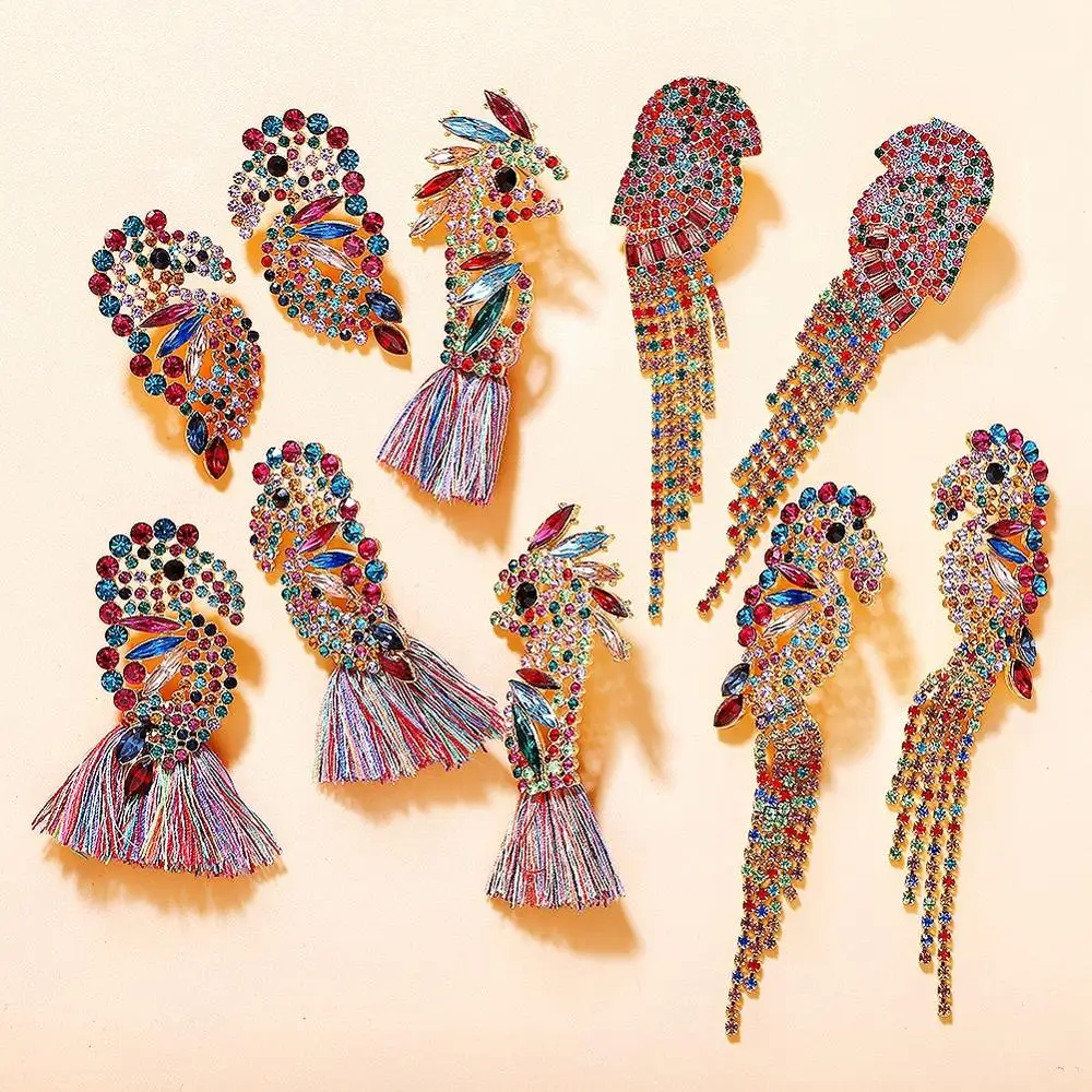 

HOVANCI 2020 Fashion Statement Vintage Long Colorful Crystal Rhinestone Bird Animal Tassel Fringe Earrings for Women Jewelry