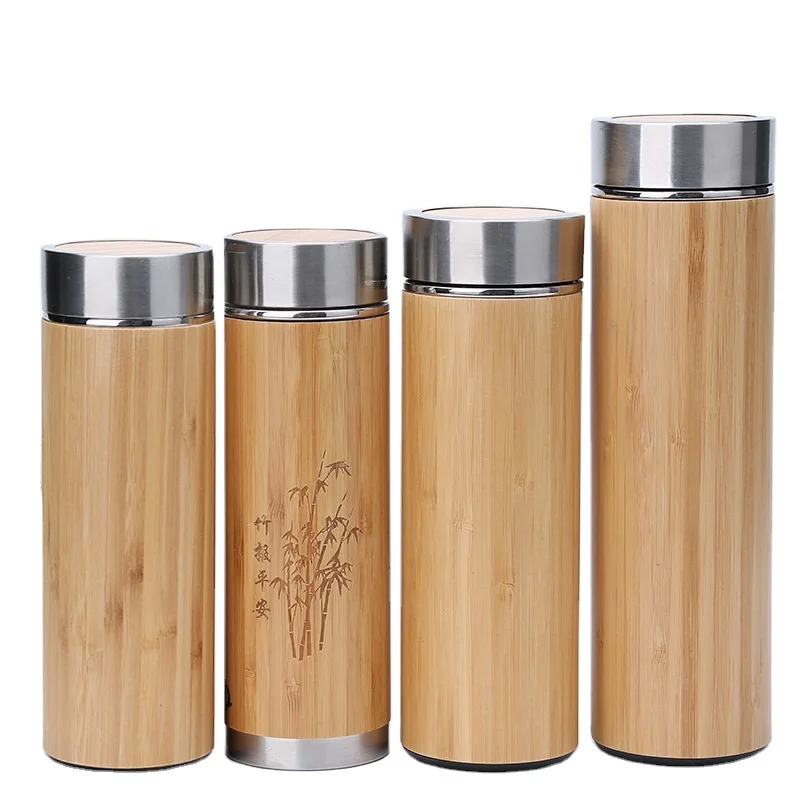 

2020 350/450/500ml New Eco-friendly bamboo shell stainless steel water bottle vacuum flask coffee cup custom printing coffee cup