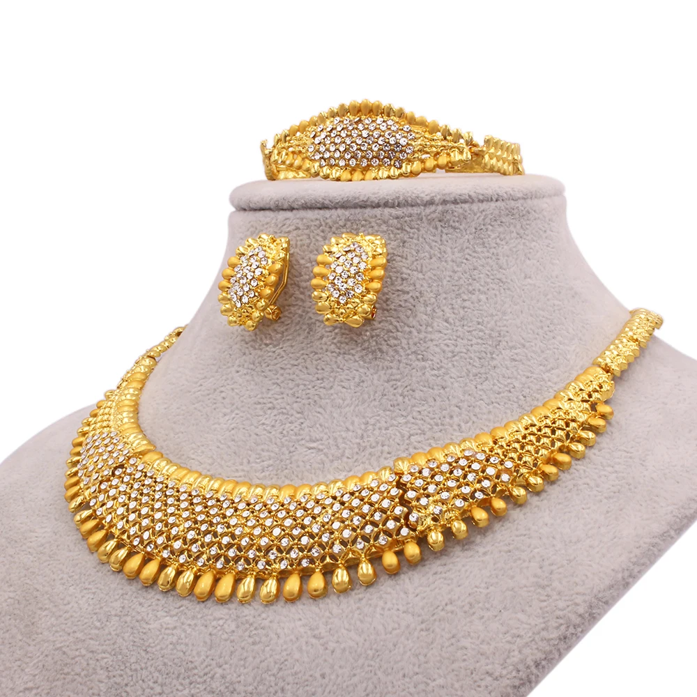 

African Jewelry sets 24K Gold plated jewellery wedding gifts bridal party Bracelet round Necklace earrings ring set for women, 24k gold color