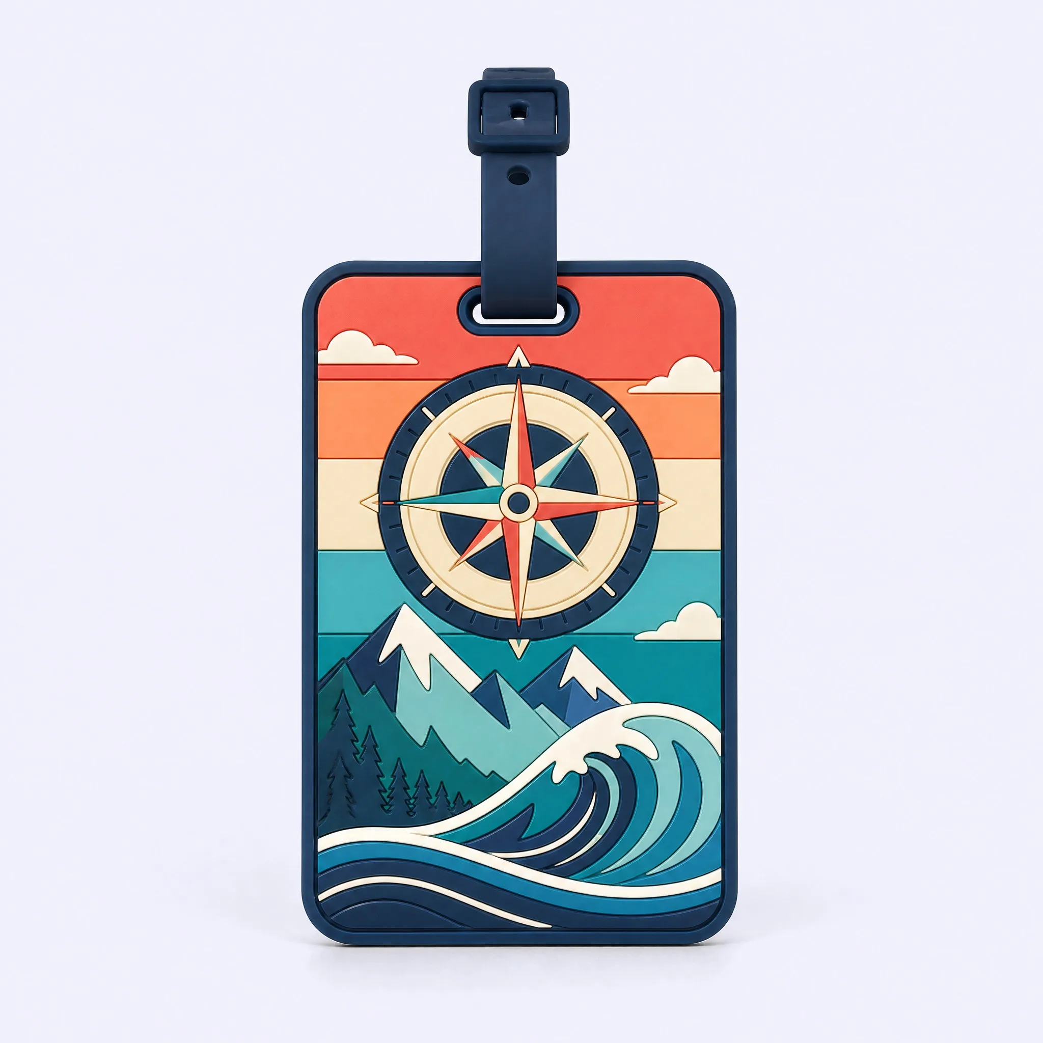 Custom 3D Soft PVC Compass Rose Mountain Ocean Luggage Tag Front View