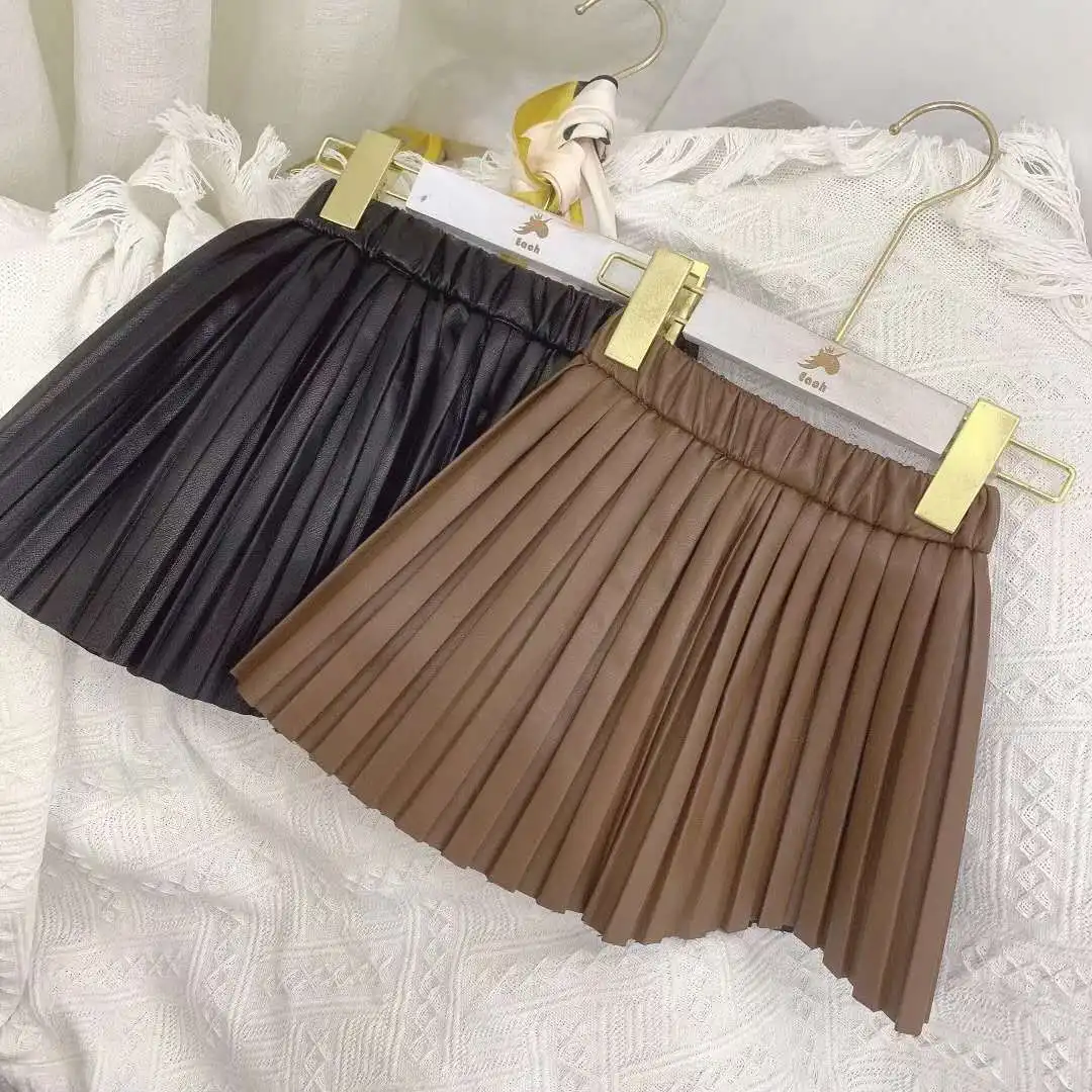 

wxsb020 autumn new arrival pu leather skirts for little girls black brown ruffles short dresses infant child clothing