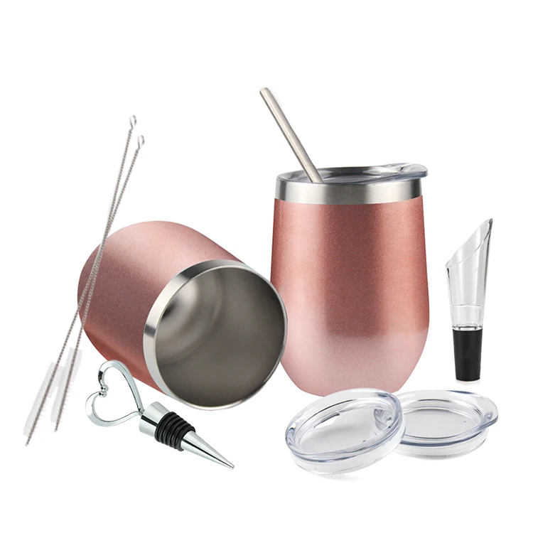 12oz Amazon Hot Selling Stemless Stainless Steel Wine Tumbler With Lid Straw, Double Wall Insulated Rose Gold Travel Coffee Mug